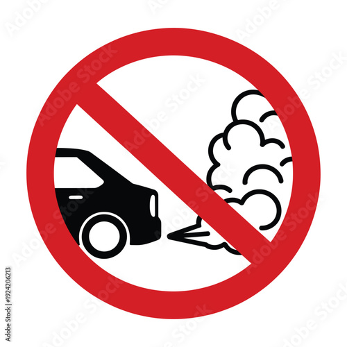 No idling vehicle sign with red prohibition circle over car exhaust smoke clouds to prevent environmental air pollution and smog