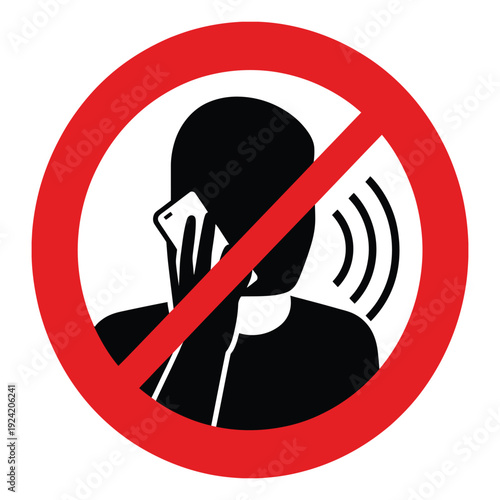 No cell phone sign vector illustration, black silhouette of person with phone in red circle with diagonal line
