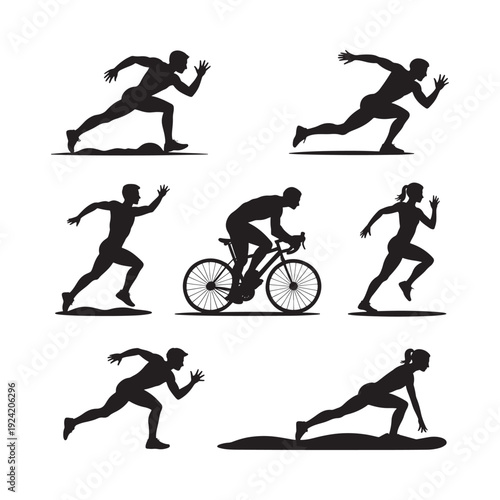 Silhouettes of athletes engaged in various sports and running activities