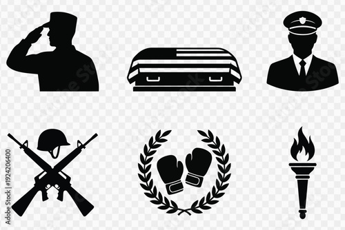 Set of military and memorial icons featuring salute soldier and funeral symbols