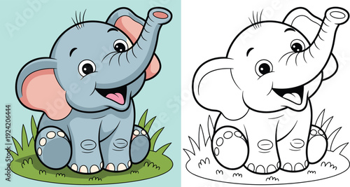 Adorable cartoon baby elephant sitting in grass with trunk raised in a joyful pose a delightful for children