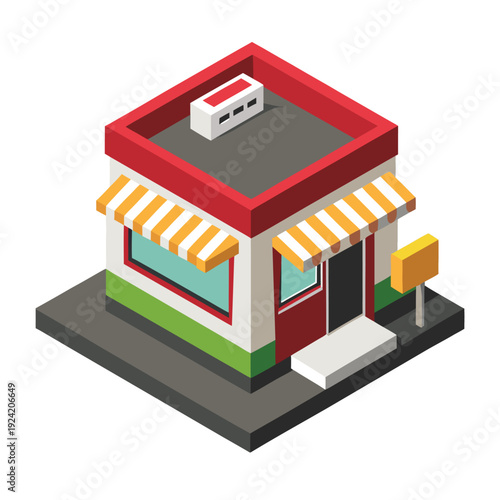 Isometric Fast Food Café Building with Drive Thru Window Vector Illustration Cartoon Clipart Line Art Printable Design