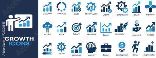 Growth Solid Icon Set Featuring Performance, Gain, Improvement, Increase, Chart, Evolution and Development Symbols, Business Progress Vector Icons Collection