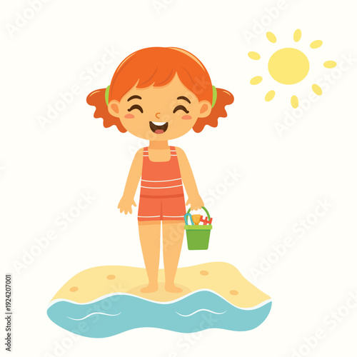 Cute and happy girl in summer ready to swim and play on the beach on white background. With sand bucket. Poster, Banner, Flyer, Summer time. Vector illustration in flat cartoon style