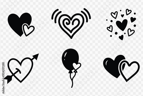 Set of stylish heart icons with love and affection symbols isolated design