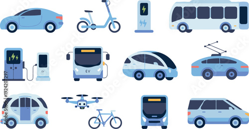 Collection of light blue electric vehicles and charging stations