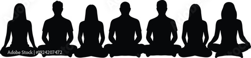 Group Meditation Silhouettes, Men and Women Sitting in Lotus Pose Isolated on White Background, Black Vector Illustration for Yoga, Mindfulness and Wellness Concept