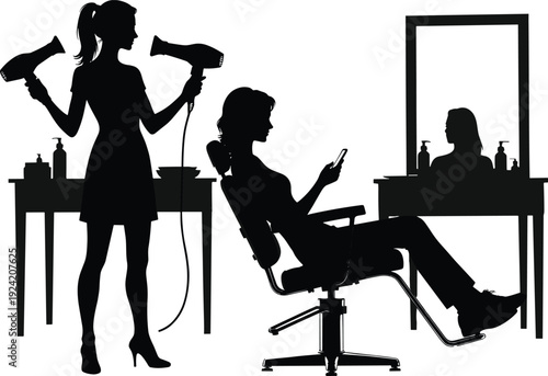 Hair salon silhouette scene, hairstylist drying woman hair with blow dryer in beauty salon isolated on white background vector illustration