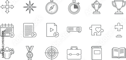 Thin line outline icons set of achievement time management planning success awards calendar media playback teamwork motivation direction and business education symbols
