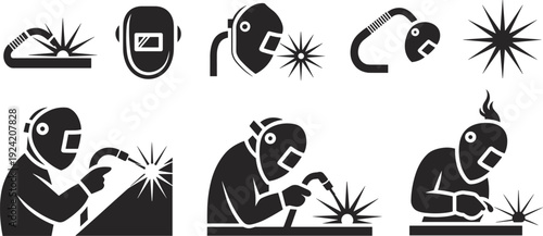 Black and white welding icons set featuring torch, sparks, protective mask, worker safety gear, accident hazard illustration, industrial process symbols for manufacturing and construction design.