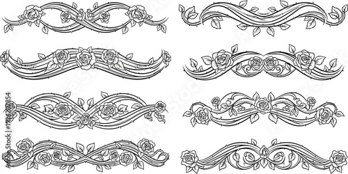 Black and white floral borders with roses and thorny vines