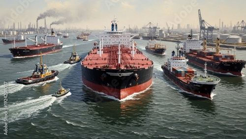 Large cargo ships and tugboats navigate busy industrial harbor for commerce