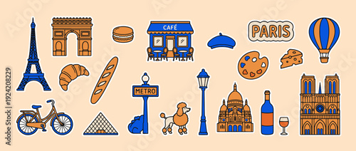 Parisian Icons: A vibrant collection of iconic Paris symbols, elegantly rendered in a colorful and eye-catching graphic. Showcasing the timeless charm and essence of the city.