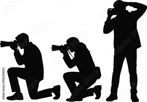 Photographer Silhouettes Set with Camera, Professional Male and Female Taking Photos Isolated on White Background, Black Vector Illustration for Photography and Media Concept