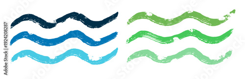 vibrant blue and green gradient water wave brush strokes. artistic hand drawn wavy elements with ink texture isolated on white background for marine themed borders and creative graphic decorations