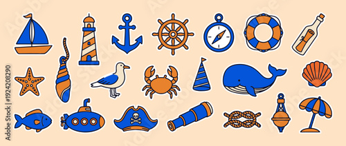 Nautical Themed Set: A collection of charming nautical icons. The illustrations capture the spirit of the sea.