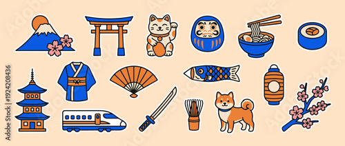 Iconic Japan: A vibrant collection of Japan-related vector icons capturing the essence of Japanese culture. A harmonious blend of tradition and modernity, from iconic landmarks to culinary delights.