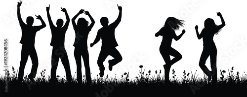 Black silhouettes of people dancing on grass with flowers
