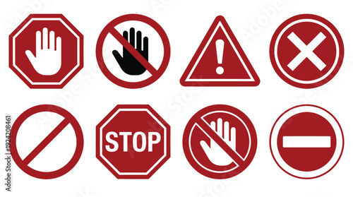 Prohibition and warning icons collection in bold red outline style, stop sign, no entry, hand block, alert triangle, and cross mark