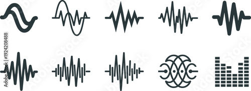 Audio Waveform and Sound Signal Icon Set Featuring Frequency Waves, Music Visualization, Equalizer Bars, and Abstract Audio Symbols for Media and Technology Designs