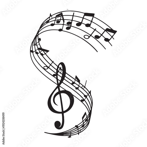 Elegant Black Musical Notes Treble Clef and Staff Flowing Design