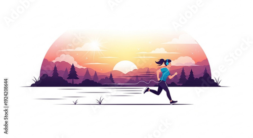 Woman jogging at sunset with serene landscape background symbolizing fitness and freedom outdoors