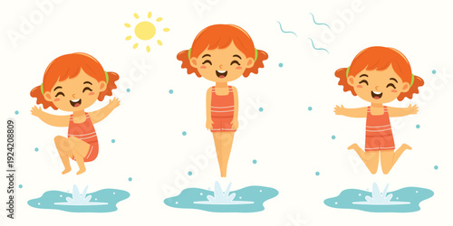 Cute and happy girl in summer ready to swim and play on the beach on white background. With swimming ring, diving mask, sup board, ball. Poster, Banner, Flyer, Summer time. Vector illustration in flat
