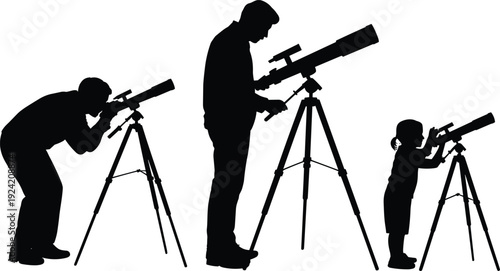 People Looking Through Telescope Silhouettes Set, Man and Child Observing Sky with Tripod Telescope Isolated on White Background, Black Vector Illustration for Astronomy Concept