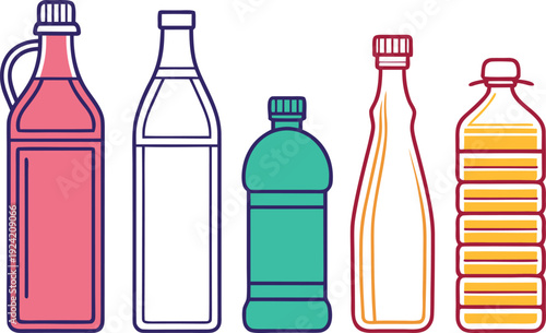 Various Bottle Types Collection. Assorted Bottles Set Illustration. Beverage Bottle Variety Set. Glass and Plastic Bottle Set. Different Bottle Shapes Collection. Bottle Packaging Design Set