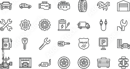 Thin line outline icons set of car auto repair maintenance garage workshop vehicle parts tire engine fuel parking and automotive service symbols