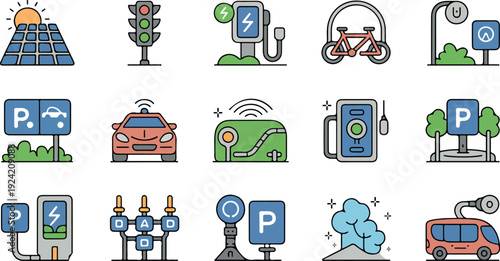 Smart mobility icons solar panel traffic light electric car charging