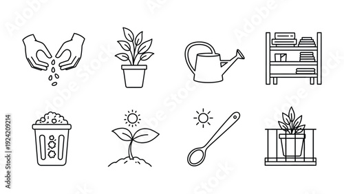Gardening Icons: Collection of line art illustrations representing the essential elements of gardening, showcasing tools, plants, and processes.