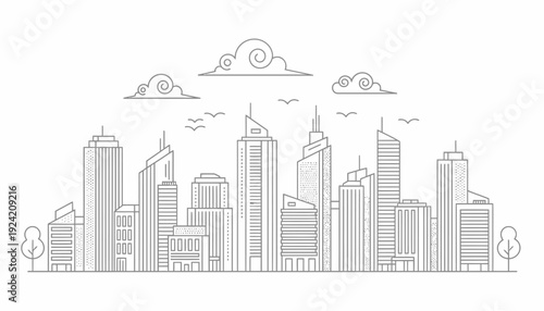 Simple line art cityscape with skyscrapers and clouds.