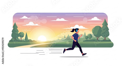 Woman jogging on a scenic road at sunrise with headphones on feeling energetic and carefree in a natural landscape