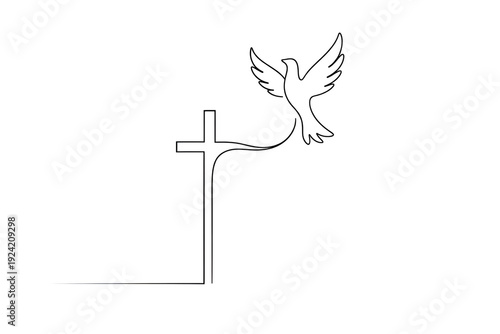 Minimal Single Line Cross Transforming into Upward Flying Dove Symbol of Faith