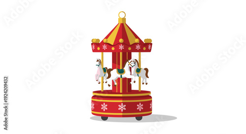 A red and gold toy carousel with white horses and snowflake decorations stands centered on a plain white background.