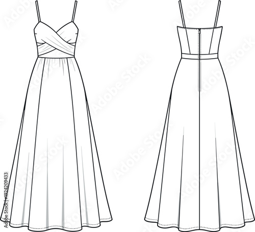 Female elegant maxi dress fashion flat technical sketch vector illustration with crisscross ruched bodice front and back view design template