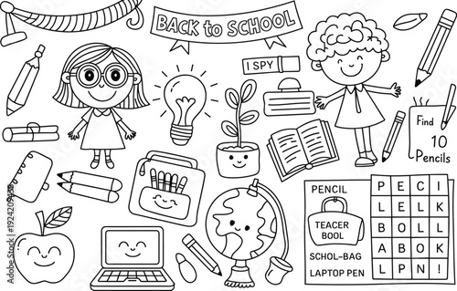 Cute cartoon doodle of children and school supplies for back to school activities and learning fun