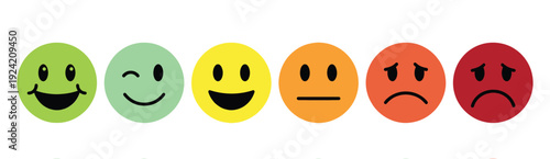 Emotion scale icon set in colorful gradient style, happy, neutral, sad, angry, and winking expressions