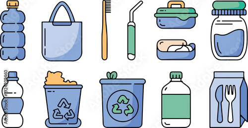 Zero waste reusable items and recycling icons vector