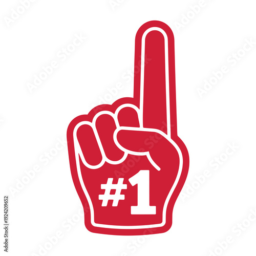 Number 1 (one) fan hand glove with finger raised, flat vector icon, representing support, cheering, sports enthusiasm, victory, fan culture, and professional digital or print design projects.