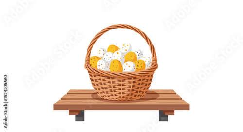 A flat illustration of a wicker basket filled with numerous speckled white and yellow eggs sitting atop a simple brown wooden plank shelf.