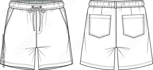 Mens casual shorts technical fashion flat sketch vector illustration featuring elastic waistband drawstring front side pockets and back patch pockets