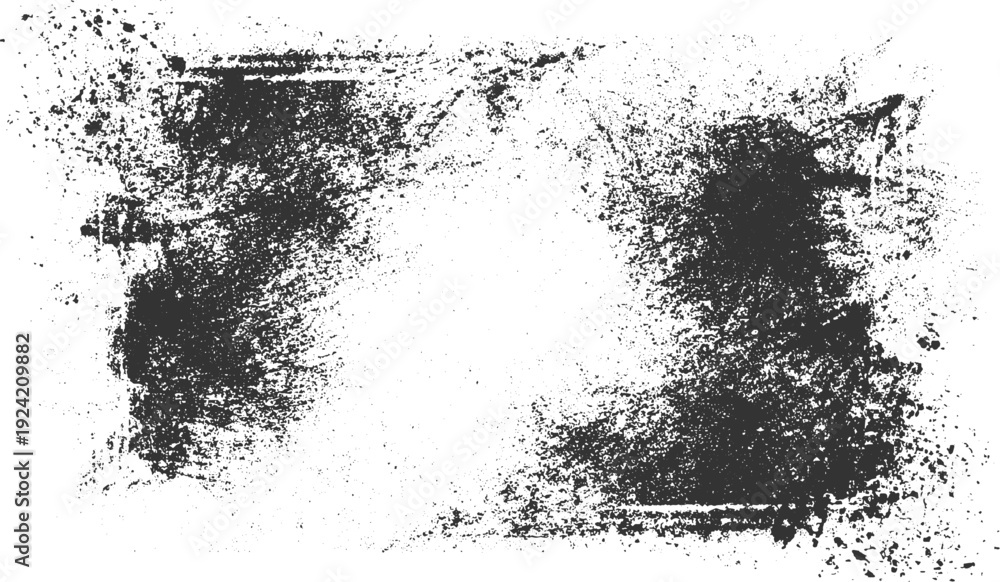 Obraz premium Black ink splatter frame on white background with textured edges and scattered particles