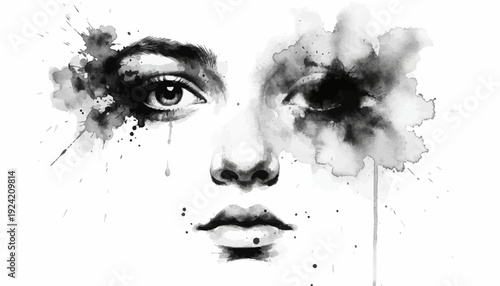 Abstract black and white portrait of a woman's face with splattered paint.