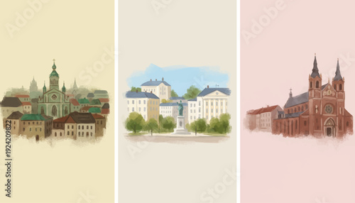 Watercolor illustrations of historical European buildings and cityscapes.