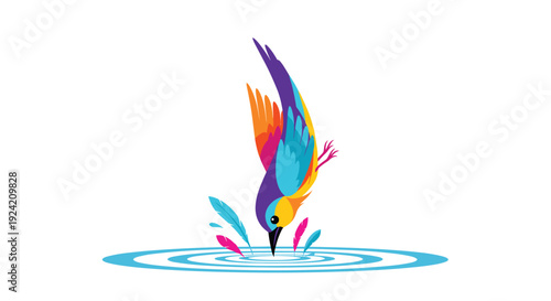 A stylized vector illustration of a colorful bird with bright plumage diving into concentric blue water ripples on a plain white background.