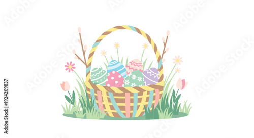 A flat vector illustration of a woven Easter basket filled with patterned eggs on a green lawn surrounded by spring flowers and pussy willows.