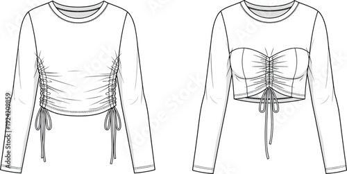 Women long sleeve crop top technical flat sketch vector illustration with side and center ruched drawstring tie details front view.