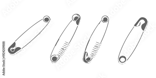 Set of four hand-drawn safety pins in various stages of closure, isolated on white background, simple line art illustration